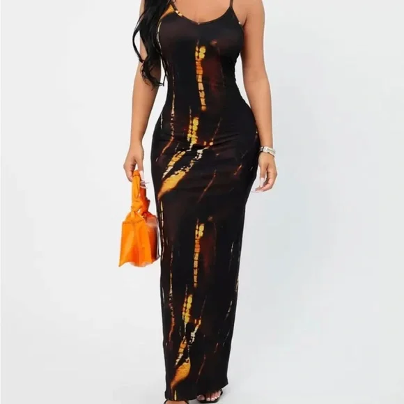 SHEIN | Dresses | Elegant Black And Orange Tiedye Maxi Dress | Poshmark